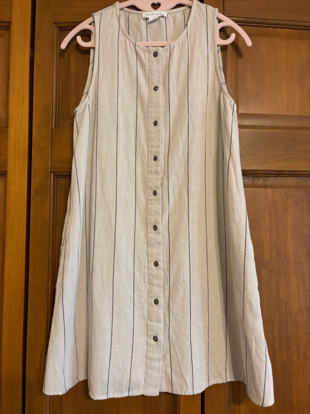 Love Riche Natural Beige Sleeveless Button-Front Dress with Black Stripes